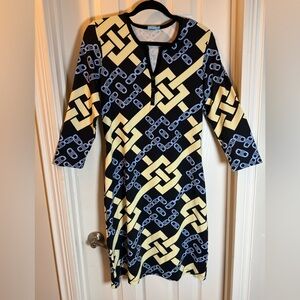 Office Siren J. McLaughlin Henley Chain Dress Blk Yellow Blue Print 3/4 Sleeves